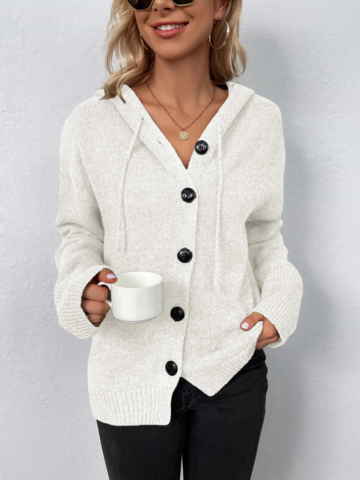 Onyx Valmont — Button-Down Long Sleeve Hooded Sweater, alternate view 4