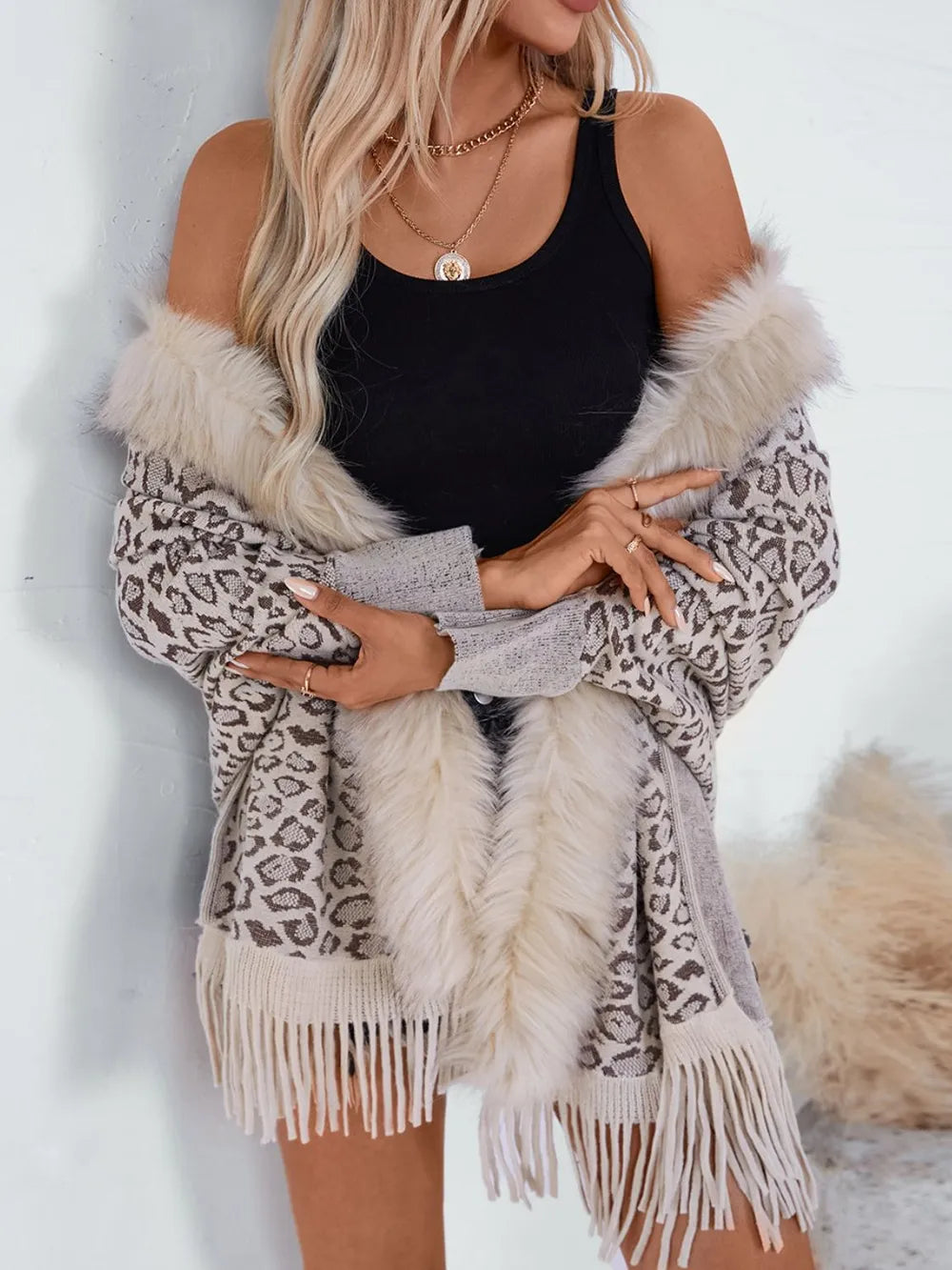 Rain Sorrento — Fringe Leopard Open Front Long Sleeve Poncho