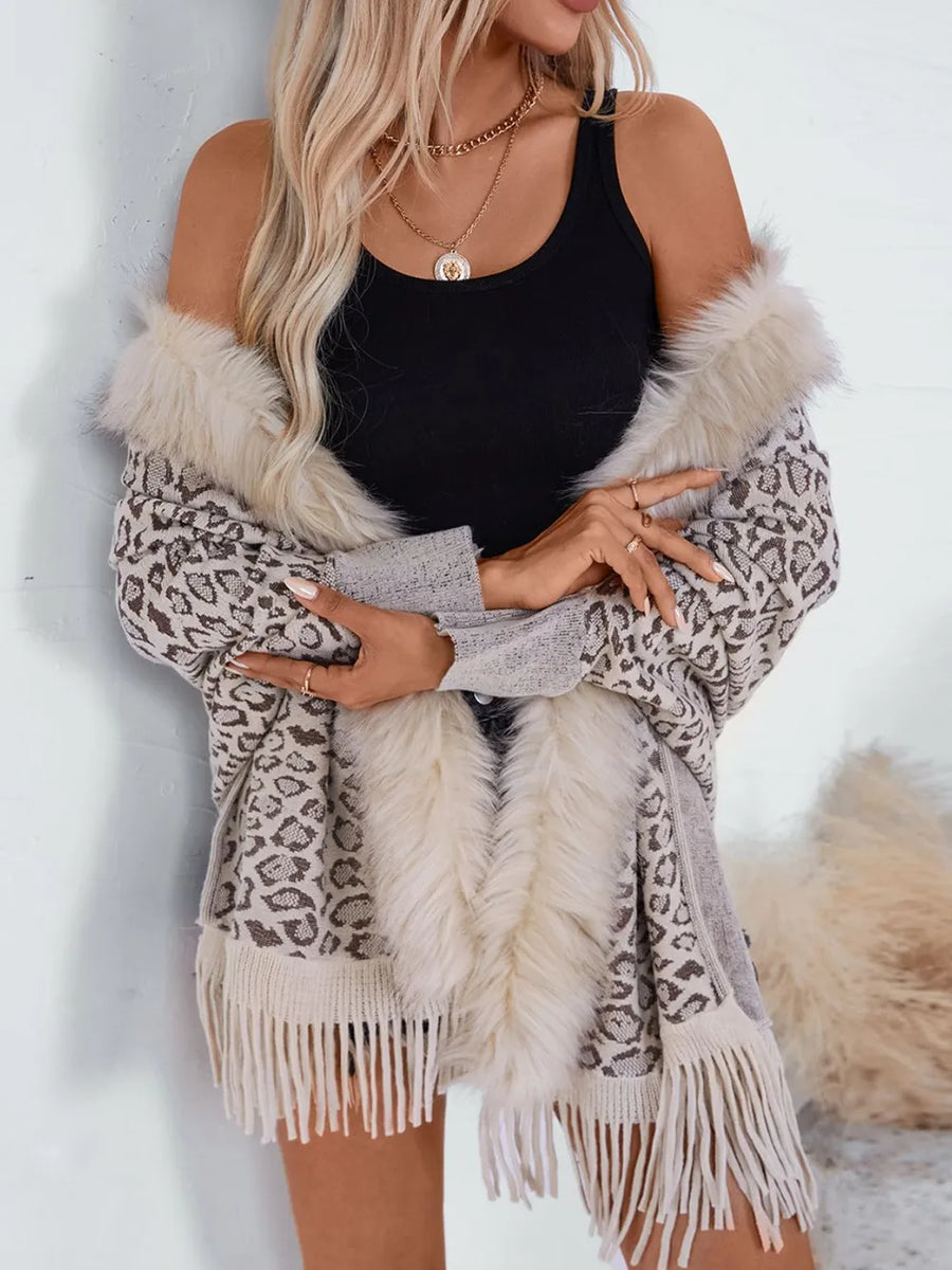 Rain Sorrento — Fringe Leopard Open Front Long Sleeve Poncho