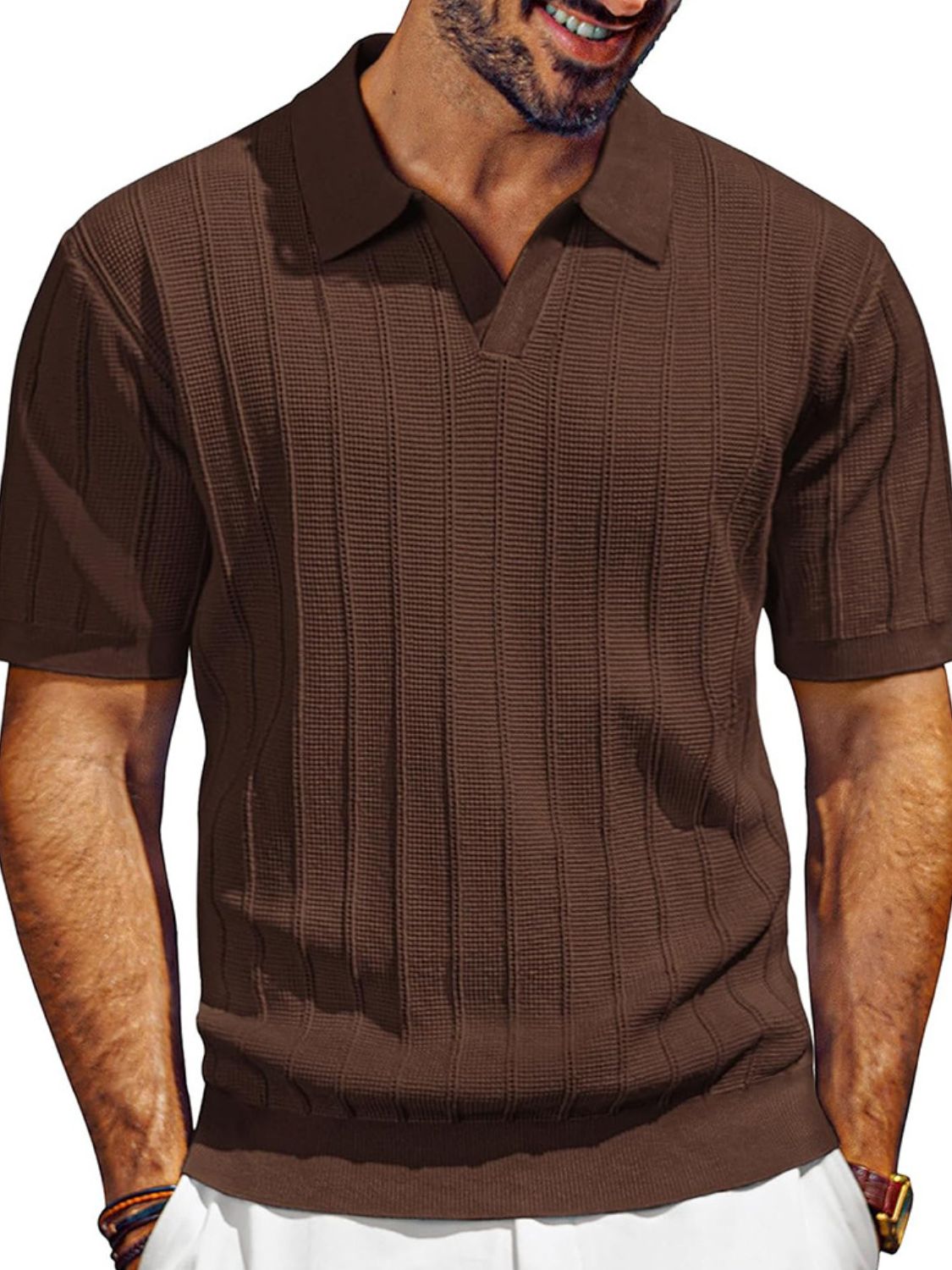 Dorian — Men's Full Size Textured Collared Neck Short Sleeve Polo Plus Size Men's Tailored Shorts, alternate view 4