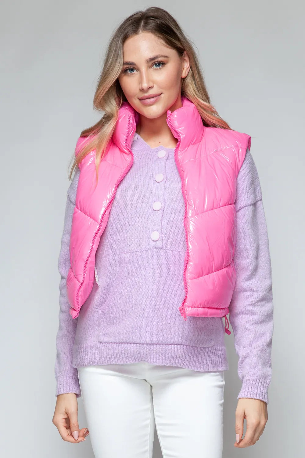 Fable Rosetti — Snobbish Zip Up Turtleneck Shiny Quilted Vest Hot Pink Sweater or Cardigan, alternate view 7