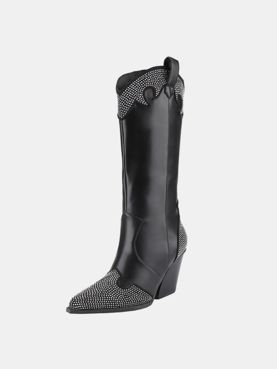 Weeboo Chunky Heel Rhinestone Decor Western Boots - Opulent Empire
