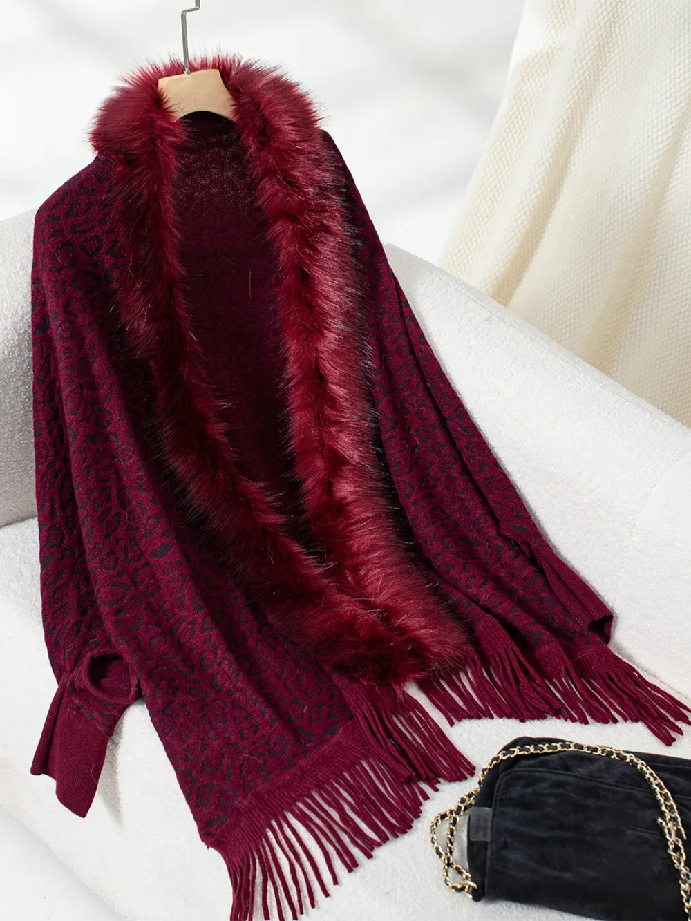 Rain Sorrento — Fringe Leopard Open Front Long Sleeve Poncho, alternate view 11