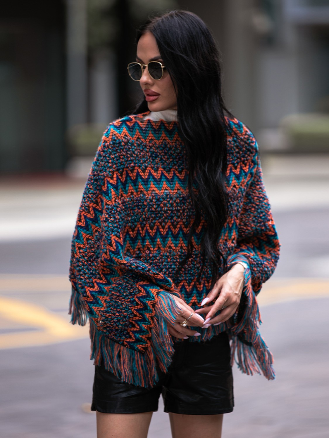 Harbor Versailles — Shiny Fringe Hem Boat Neck Poncho, alternate view 5