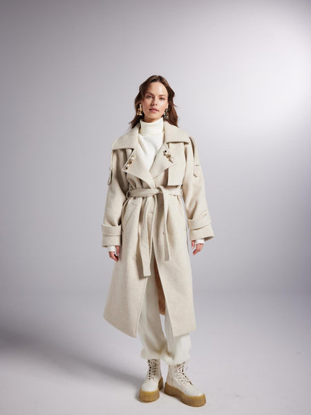 Accessorized Wool Blended Cashmere Maxi Woody Ecru Coat-0