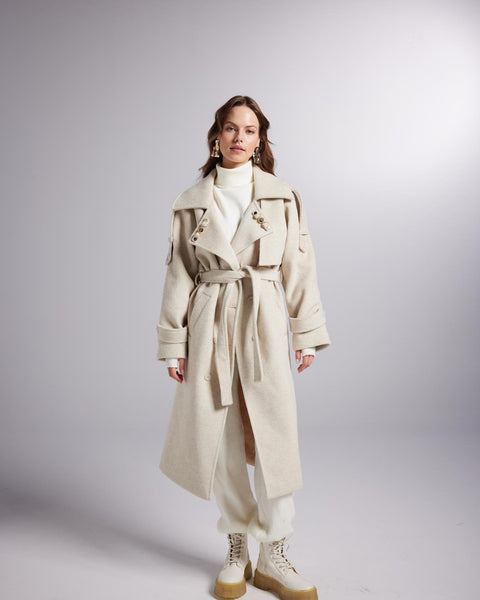 Accessorized Wool Blended Cashmere Maxi Woody Ecru Coat-0