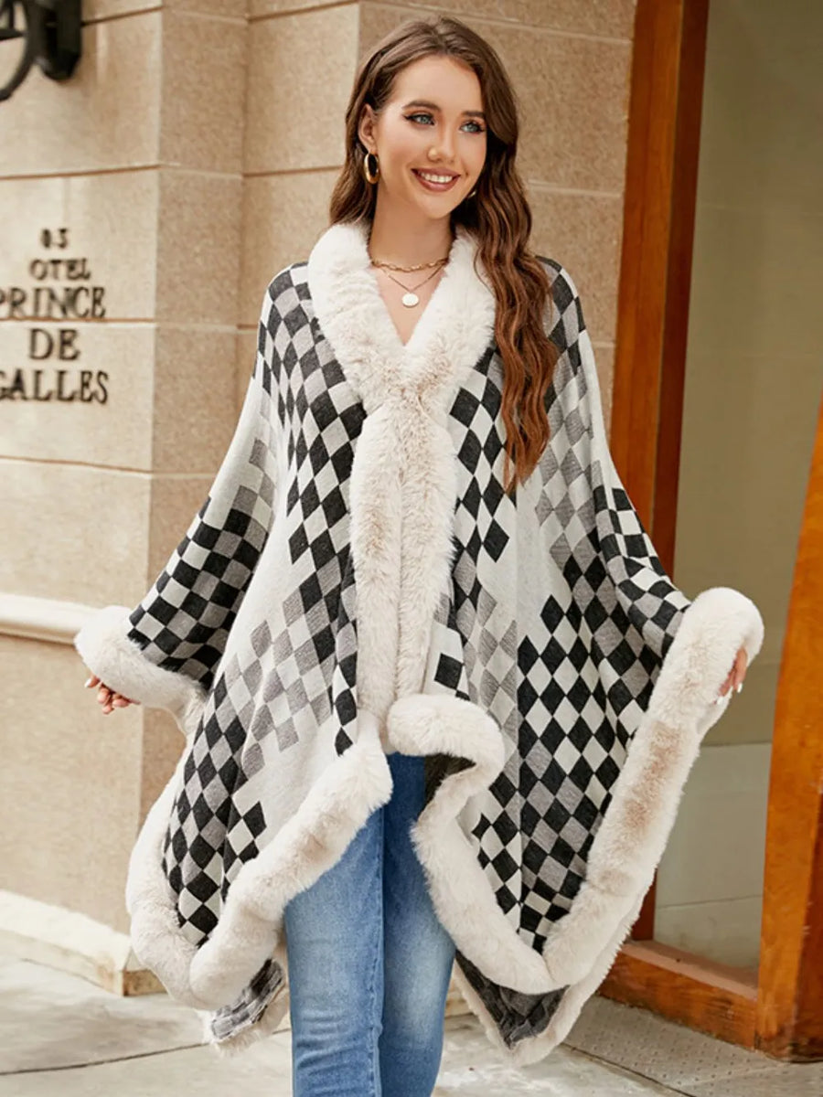 Ivory Versailles — Fuzzy Checkered Long Sleeve Poncho, alternate view 2