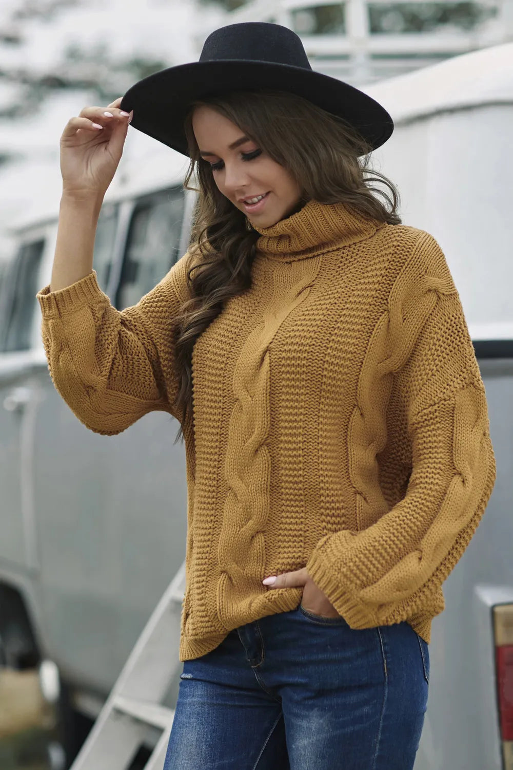 Ellis Valmont — Cable-Knit Turtleneck Dropped Shoulder Sweater, alternate view 7