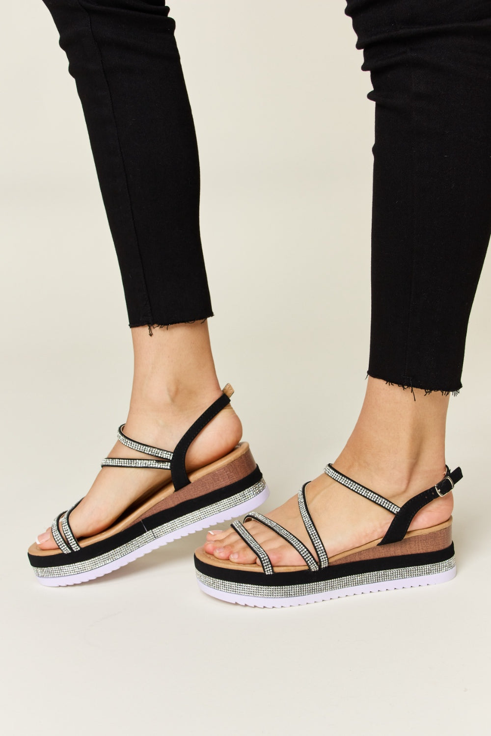 Ciel Laurent — Forever Link Rhinestone Strappy Wedge Sandals Black Fashion Footwear, alternate view 6