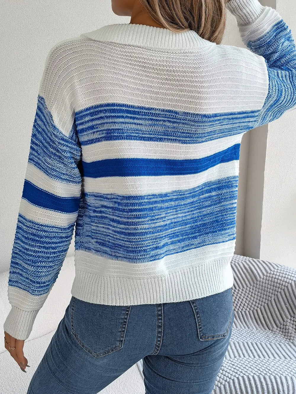 Zephyr Valmont — Striped Collared Neck Long Sleeve Sweater, alternate view 9