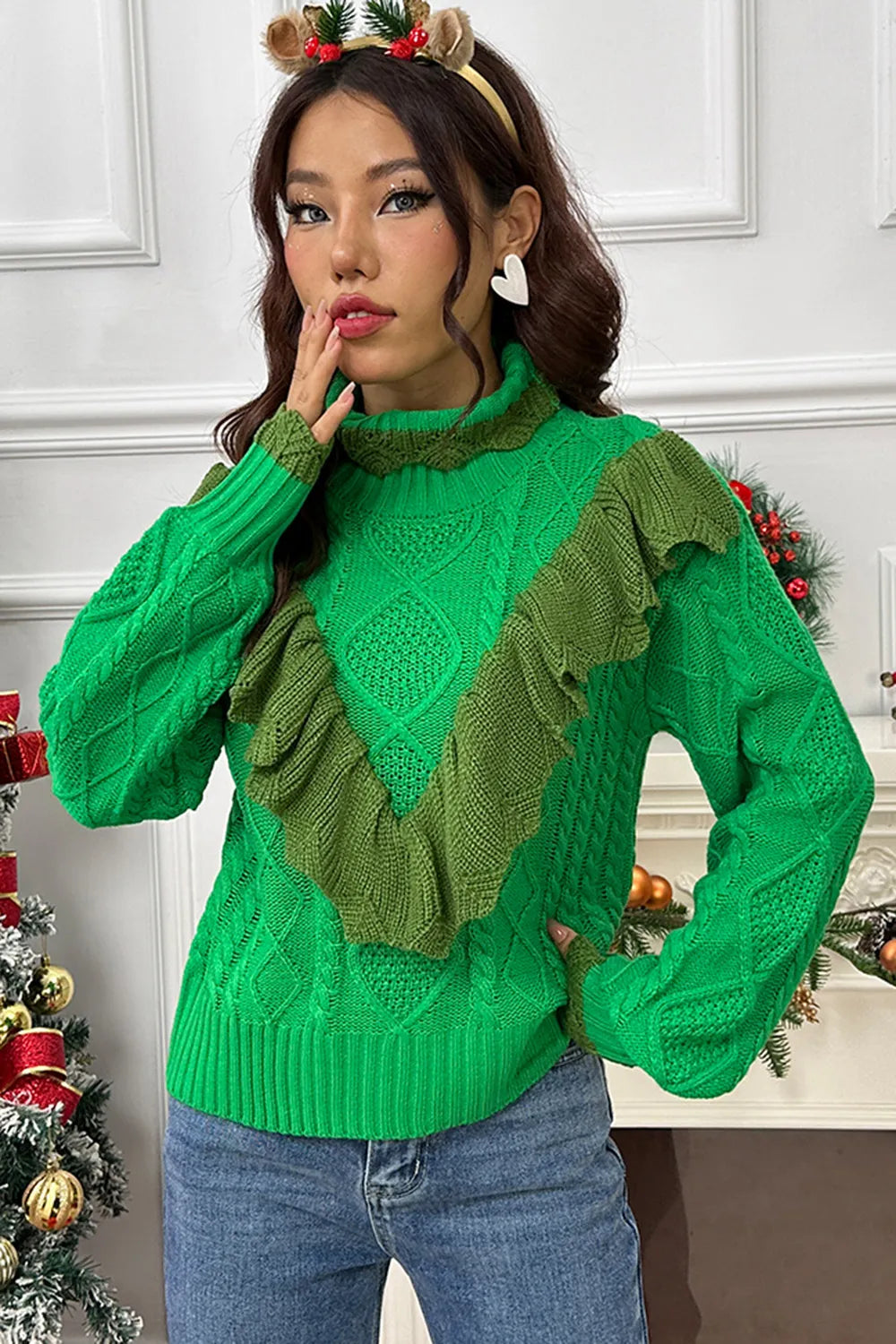 Sage Rivière — Cable-Knit Ruffled Mock Neck Lantern Sleeve Sweater, alternate view 4