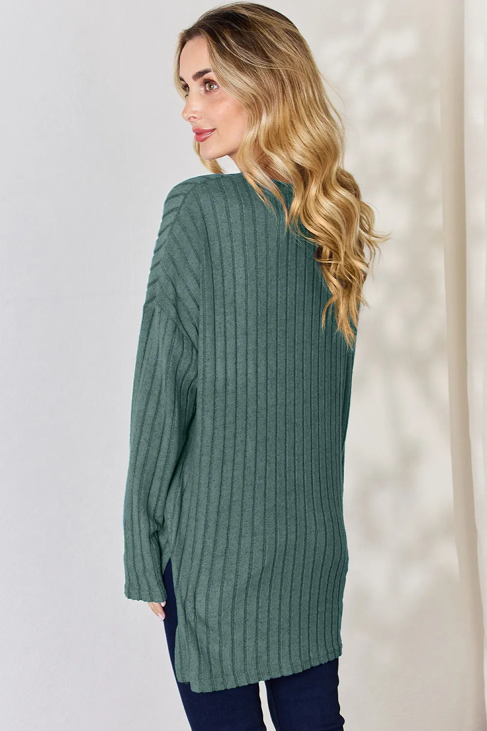 Noa Rousseau — Basic Bae Full Size Ribbed Half Button Long Sleeve High-Low T-Shirt, alternate view 9