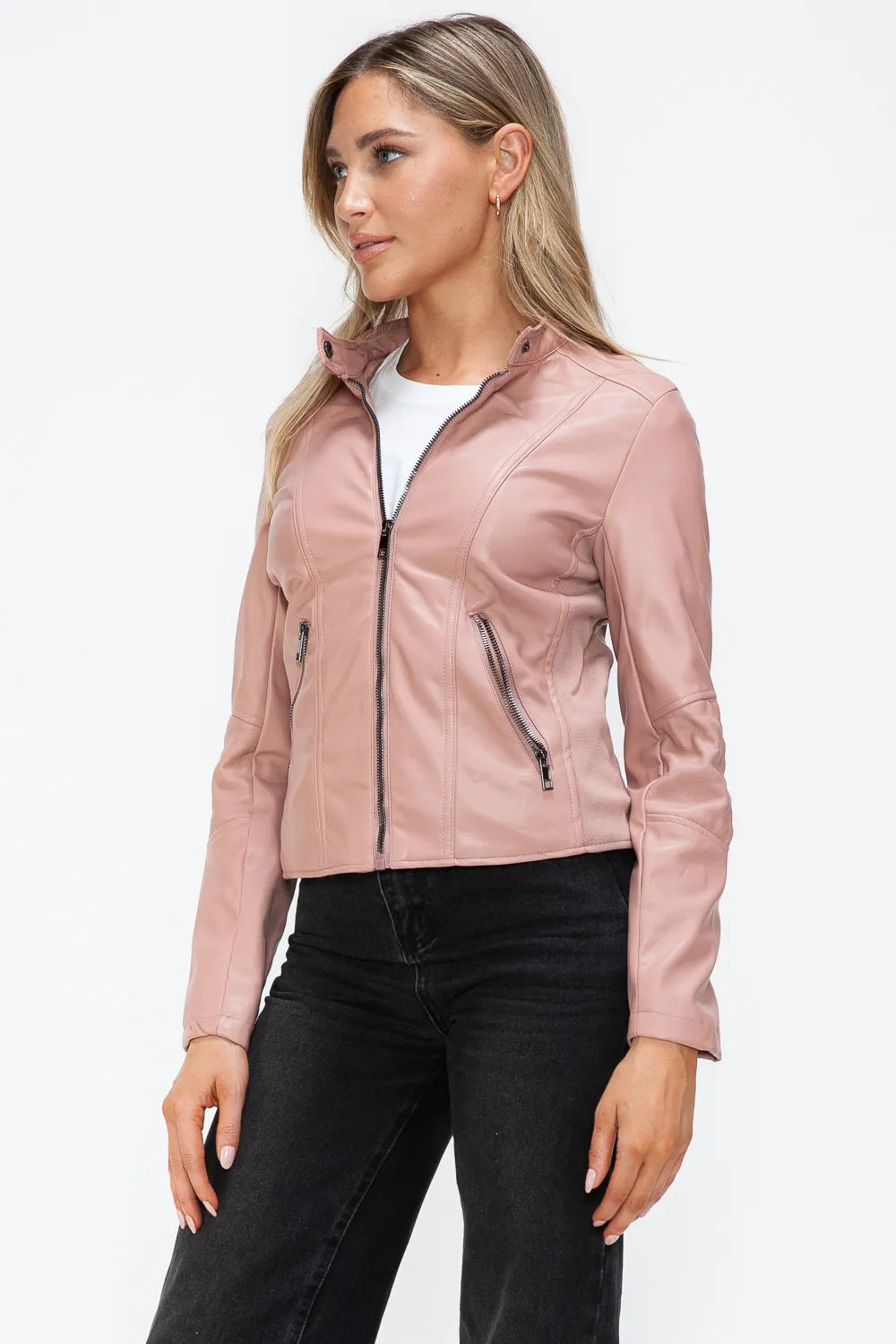 Rain Rosetti — Snobbish Faux Leather Zip Up Drawstring Hooded Jacket, alternate view 25