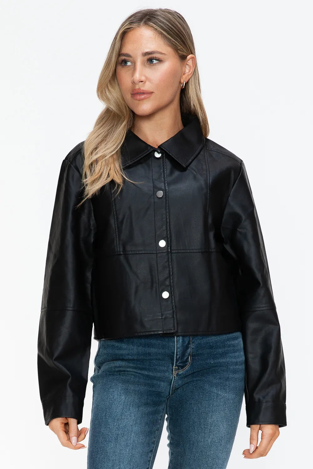 Rain Saint-Clair — Snobbish Snap Down Long Sleeve PU Leather Jacket