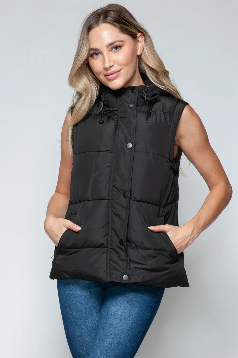 Marlowe Rosetti — Snobbish Snap and Zip Closure Hooded Vest Midnight/Black Coat or Jacket, alternate view 4