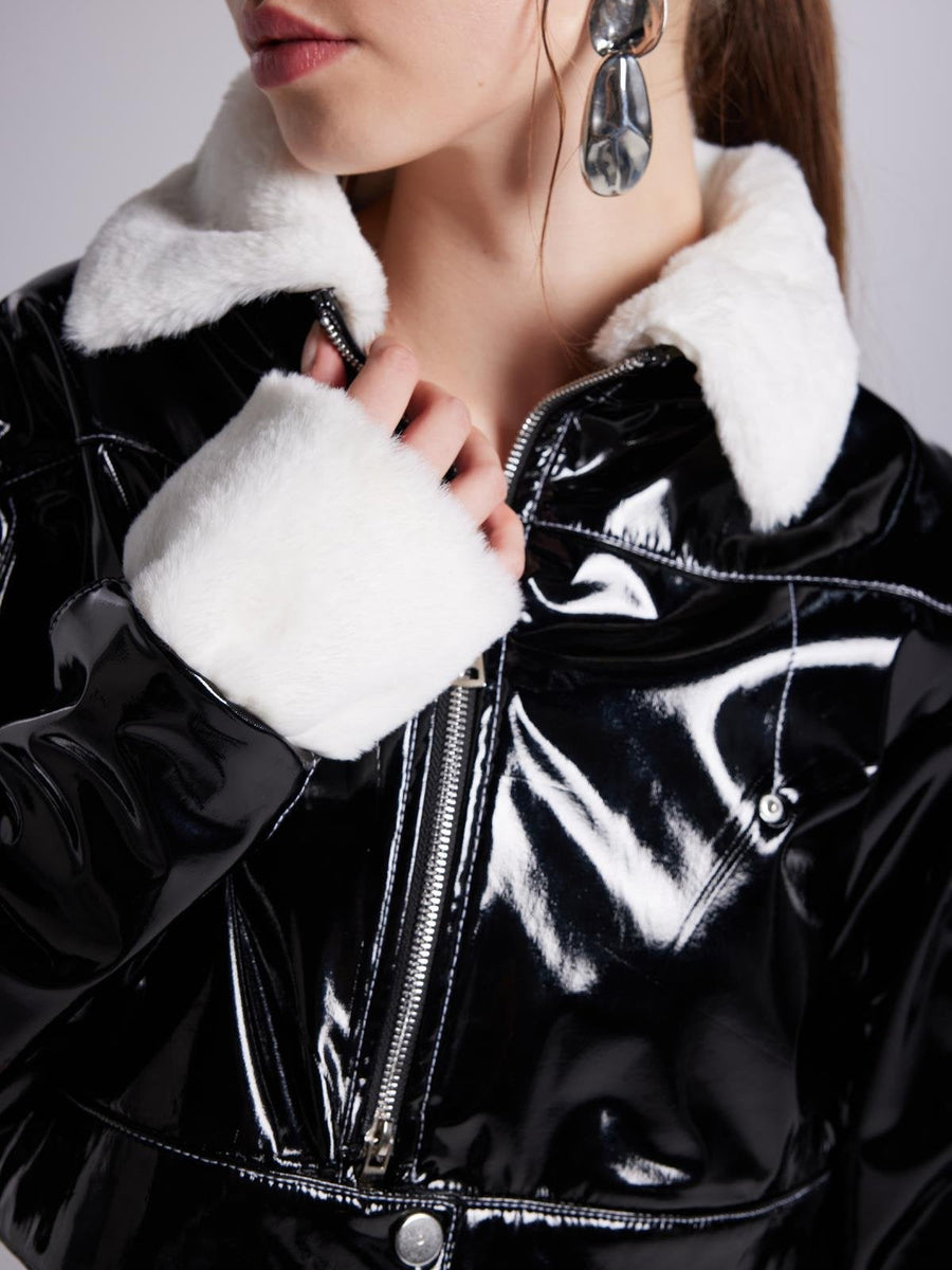 Bria Black Faux Patent Leather Crop Jacket with Faux Fur Collar and Cuffs-4