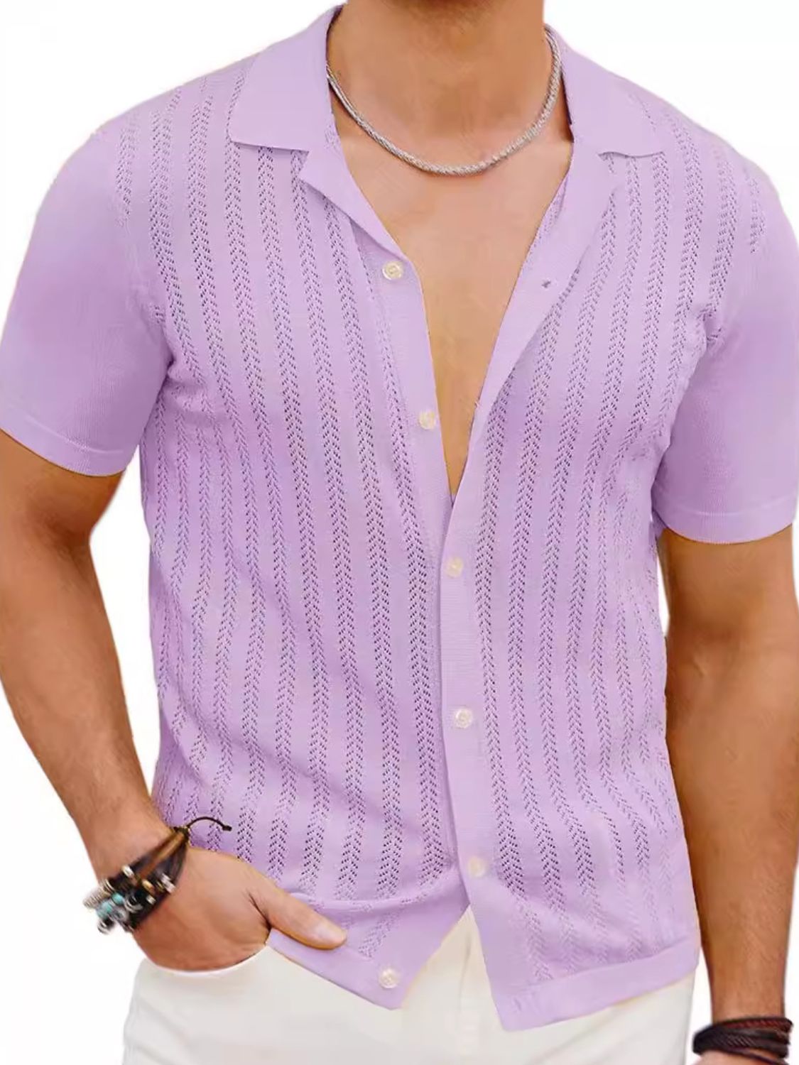 Frederic — Men's Full Size Openwork Button Down Short Sleeve Shirt Plus Size, alternate view 5