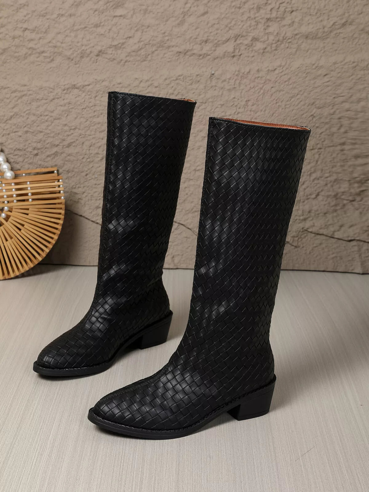 Zephyr Marino — Woven Textured Block Heels Boots Black Fashion Footwear, alternate view 8