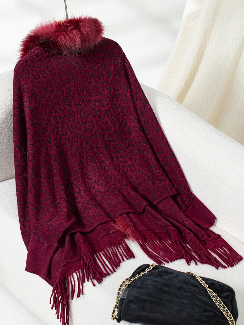 Rain Sorrento — Fringe Leopard Open Front Long Sleeve Poncho, alternate view 12