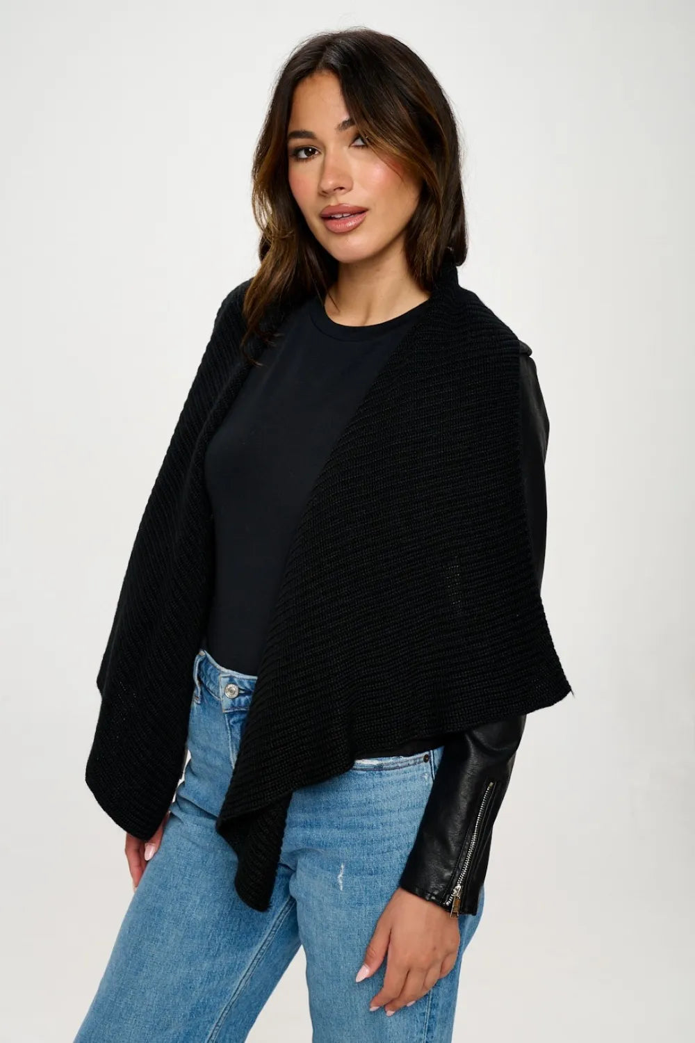 Marlowe Saint-Clair — Coalition LA Knit Collared Faux Leather Crop Jacket
