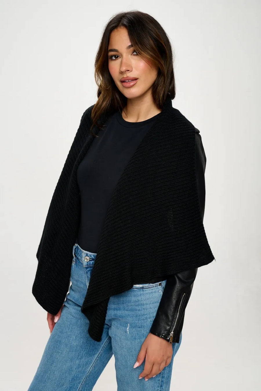 Marlowe Saint-Clair — Coalition LA Knit Collared Faux Leather Crop Jacket