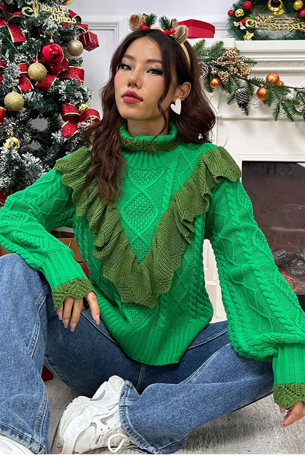Sage Rivière — Cable-Knit Ruffled Mock Neck Lantern Sleeve Sweater, alternate view 5