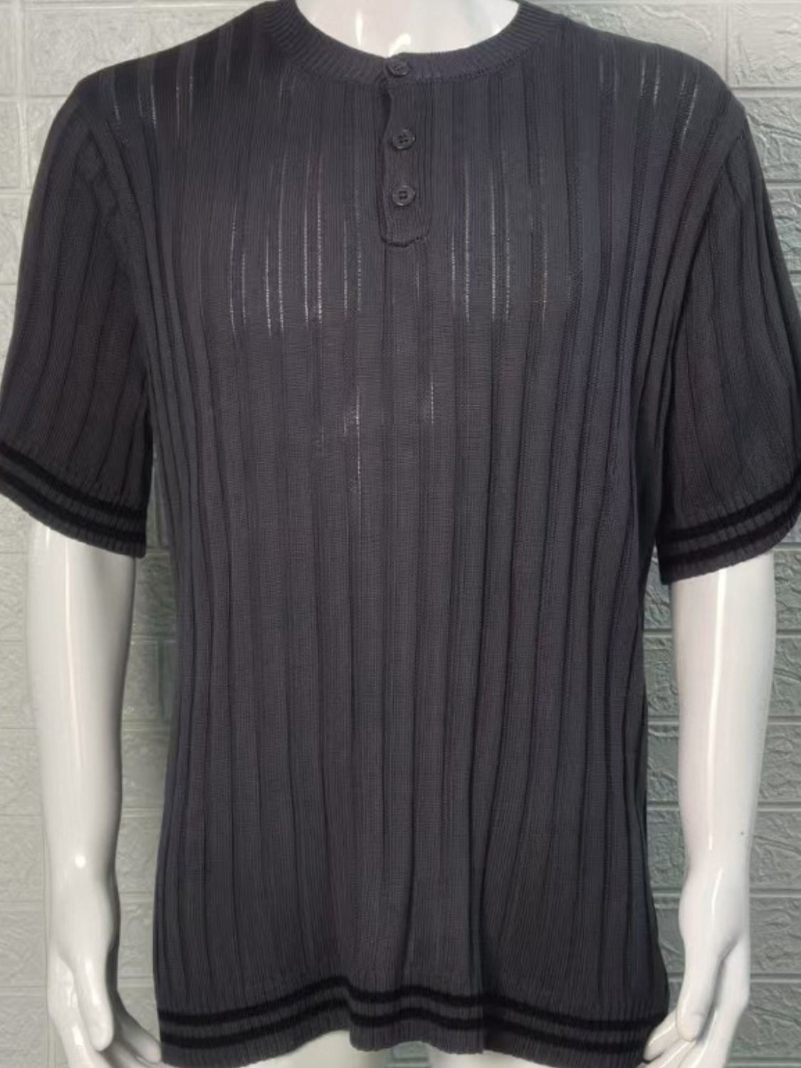 Dorian Beaumont — Men's Plus Size Ribbed Quarter Button Round Neck Striped Trim Polo, alternate view 5