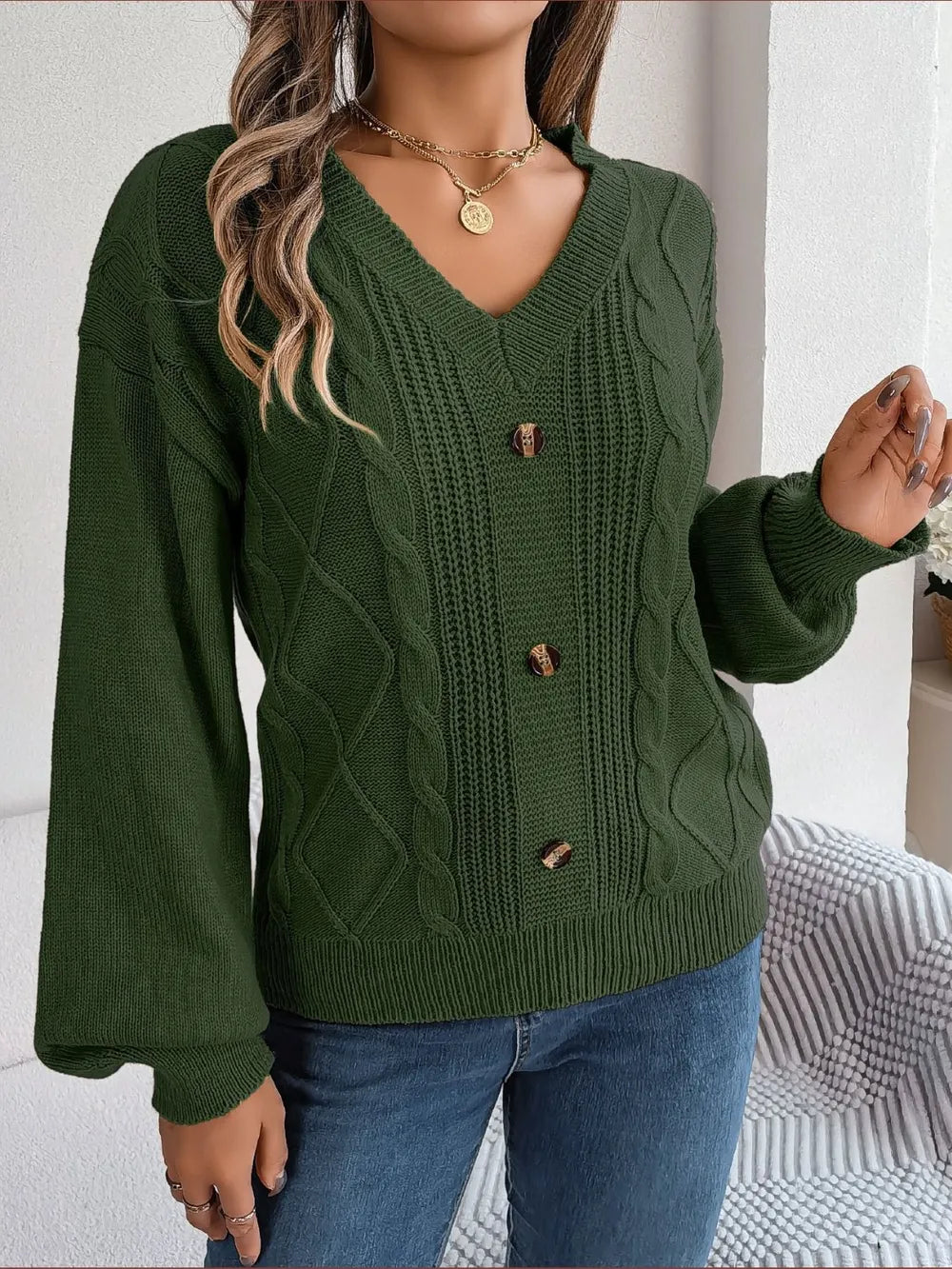 Quinn Rivière — Cable-Knit Buttoned V-Neck Sweater, alternate view 10