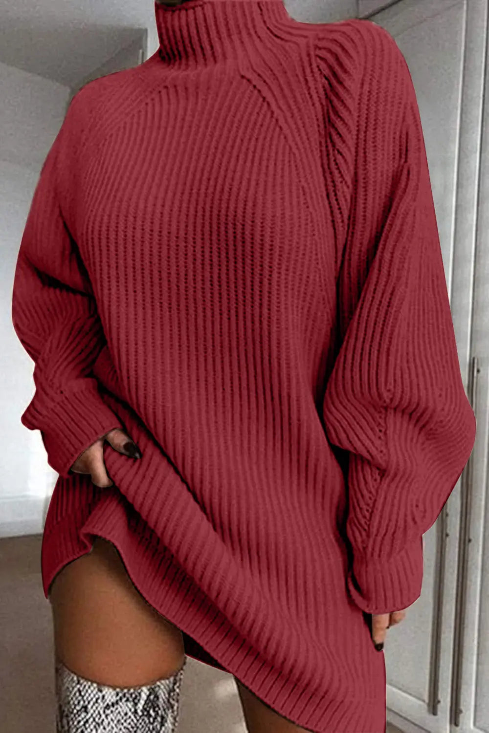 Indigo Delacroix — Mock Neck Dropped Shoulder Sweater Dress, alternate view 4