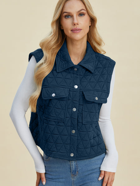 Double Take Full Size Pocketed Texture Snap Down Vest Coat