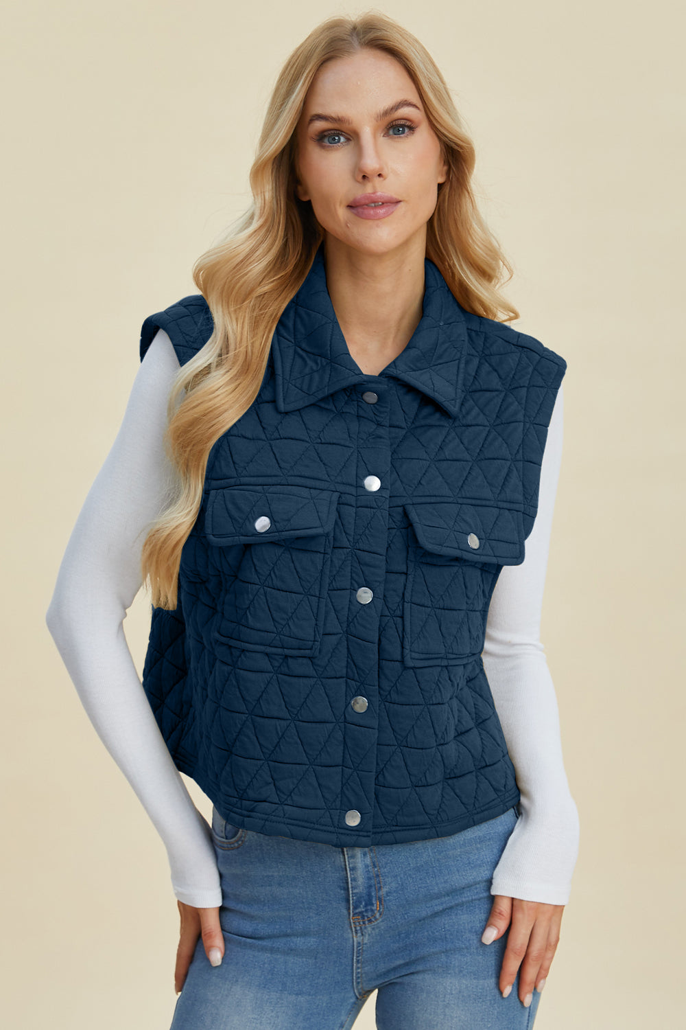 Double Take Full Size Pocketed Texture Snap Down Vest Coat