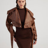 Neeko Chocolate Faux Leather Cropped Jacket-1