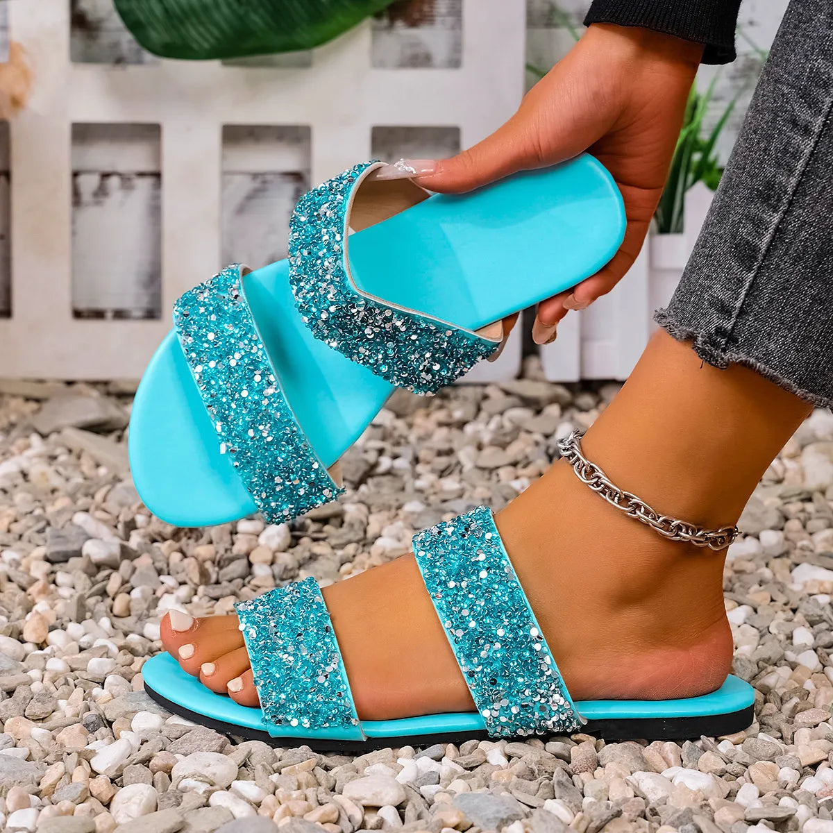 Harbor Marino — Sequin Open Toe Flats Sandals Fashion Footwear, alternate view 5