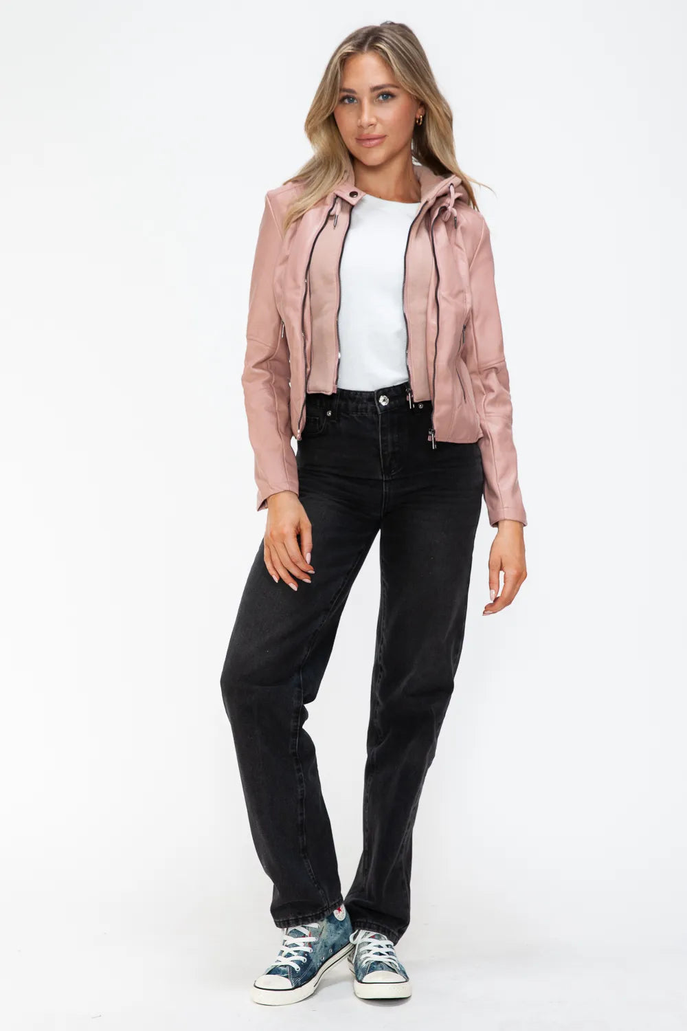 Rain Rosetti — Snobbish Faux Leather Zip Up Drawstring Hooded Jacket, alternate view 18
