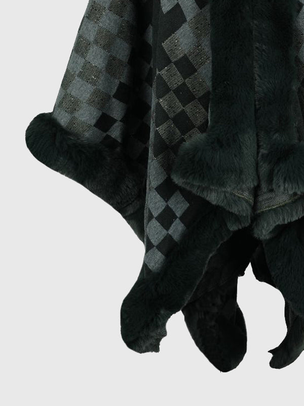 Checkered Faux Fur Trim Poncho - Opulent EmpireCheckered Faux Fur Trim PonchoOpulent EmpireClothing