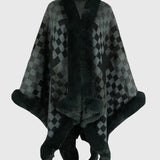 Checkered Faux Fur Trim Poncho - Opulent EmpireCheckered Faux Fur Trim PonchoOpulent EmpireClothing