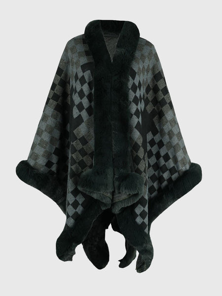 Checkered Faux Fur Trim Poncho - Opulent EmpireCheckered Faux Fur Trim PonchoOpulent EmpireClothing