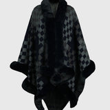 Checkered Faux Fur Trim Poncho - Opulent EmpireCheckered Faux Fur Trim PonchoOpulent EmpireClothing