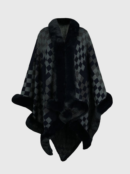 Checkered Faux Fur Trim Poncho - Opulent EmpireCheckered Faux Fur Trim PonchoOpulent EmpireClothing