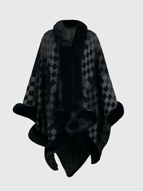 Checkered Faux Fur Trim Poncho - Opulent EmpireCheckered Faux Fur Trim PonchoOpulent EmpireClothing