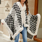 Checkered Faux Fur Trim Poncho - Opulent EmpireCheckered Faux Fur Trim PonchoOpulent EmpireClothing