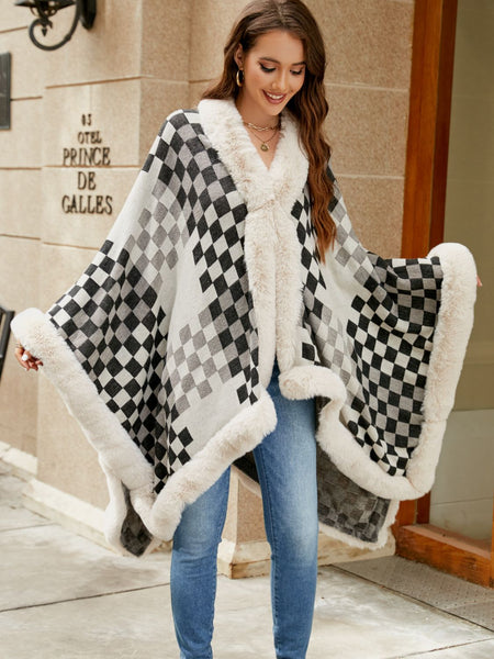 Checkered Faux Fur Trim Poncho - Opulent EmpireCheckered Faux Fur Trim PonchoOpulent EmpireClothing