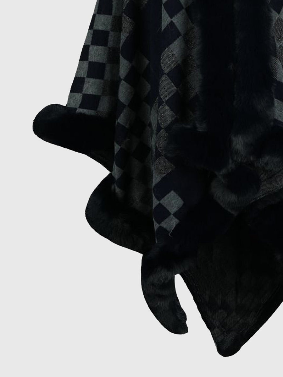 Checkered Faux Fur Trim Poncho - Opulent EmpireCheckered Faux Fur Trim PonchoOpulent EmpireClothing