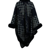 Checkered Faux Fur Trim Poncho - Opulent EmpireCheckered Faux Fur Trim PonchoOpulent EmpireClothing