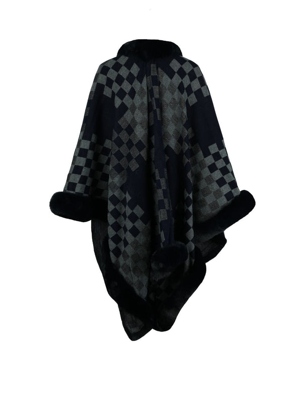 Checkered Faux Fur Trim Poncho - Opulent EmpireCheckered Faux Fur Trim PonchoOpulent EmpireClothing