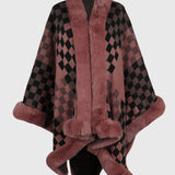 Checkered Faux Fur Trim Poncho - Opulent EmpireCheckered Faux Fur Trim PonchoOpulent EmpireClothing