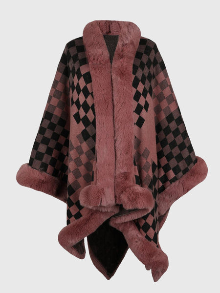 Checkered Faux Fur Trim Poncho - Opulent EmpireCheckered Faux Fur Trim PonchoOpulent EmpireClothing