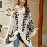 Checkered Faux Fur Trim Poncho - Opulent EmpireCheckered Faux Fur Trim PonchoOpulent EmpireClothing