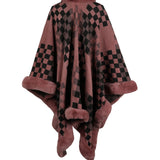 Checkered Faux Fur Trim Poncho - Opulent EmpireCheckered Faux Fur Trim PonchoOpulent EmpireClothing