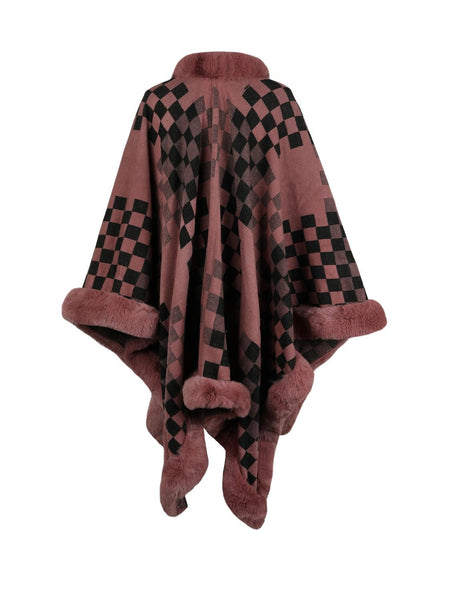 Checkered Faux Fur Trim Poncho - Opulent EmpireCheckered Faux Fur Trim PonchoOpulent EmpireClothing